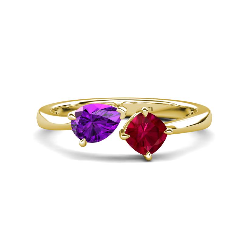 Lysha 1.46 ctw Amethyst Pear Shape (7x5 mm) & Lab Created Ruby Cushion Shape (5.00 mm) Toi Et Moi Engagement Ring 