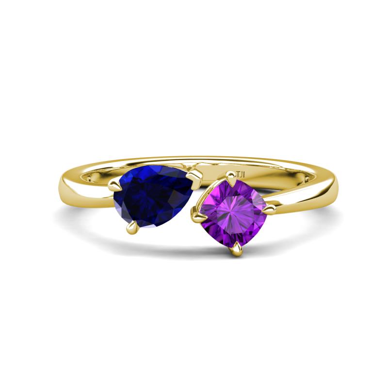 Lysha 1.40 ctw Blue Sapphire Pear Shape (7x5 mm) & Amethyst Cushion Shape (5.00 mm) Toi Et Moi Engagement Ring 