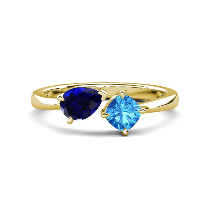 Lysha 1.65 ctw Blue Sapphire Pear Shape (7x5 mm) & Blue Topaz Cushion Shape (5.00 mm) Toi Et Moi Engagement Ring 