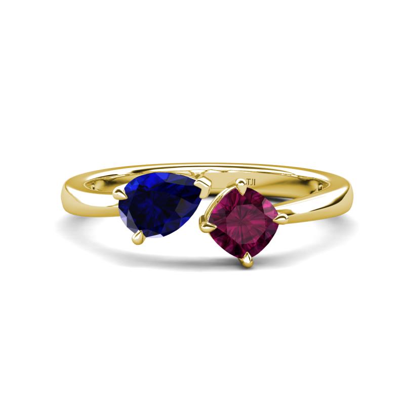 Lysha 1.52 ctw Blue Sapphire Pear Shape (7x5 mm) & Rhodolite Garnet Cushion Shape (5.00 mm) Toi Et Moi Engagement Ring 