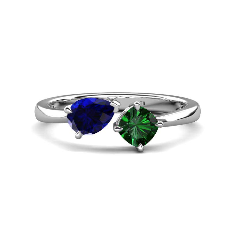 Lysha 1.45 ctw Blue Sapphire Pear Shape (7x5 mm) & Lab Created Emerald Cushion Shape (5.00 mm) Toi Et Moi Engagement Ring 