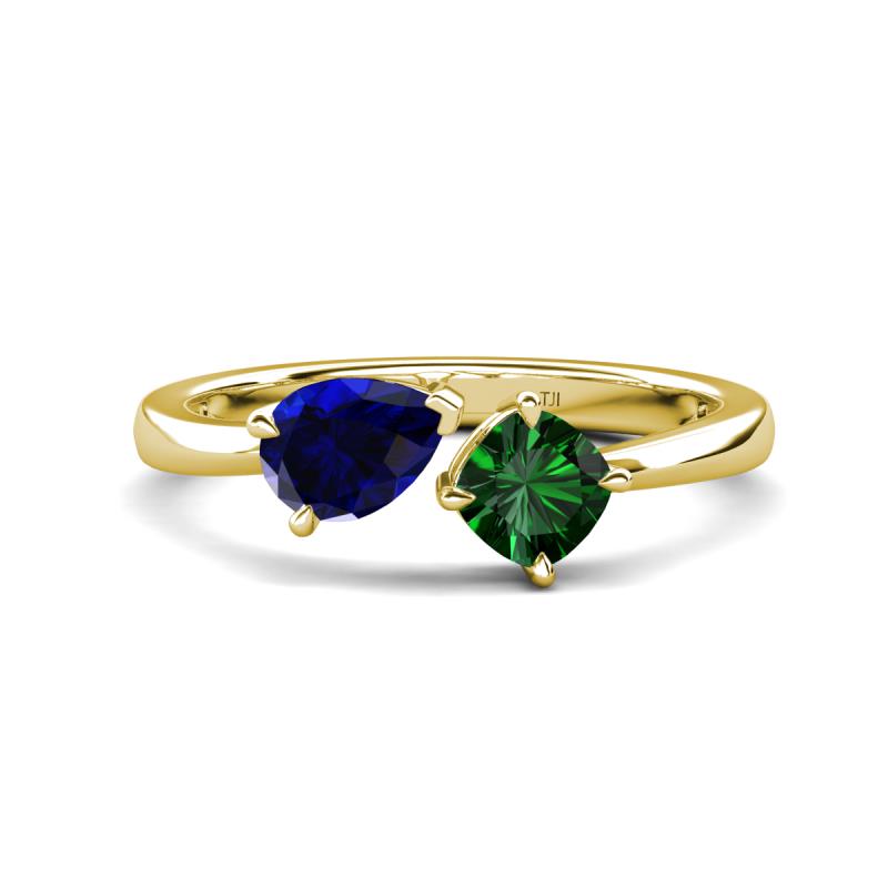 Lysha 1.45 ctw Blue Sapphire Pear Shape (7x5 mm) & Lab Created Emerald Cushion Shape (5.00 mm) Toi Et Moi Engagement Ring 