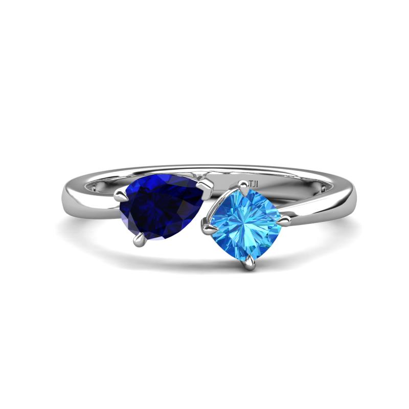 Lysha 1.65 ctw Blue Sapphire Pear Shape (7x5 mm) & Blue Topaz Cushion Shape (5.00 mm) Toi Et Moi Engagement Ring 