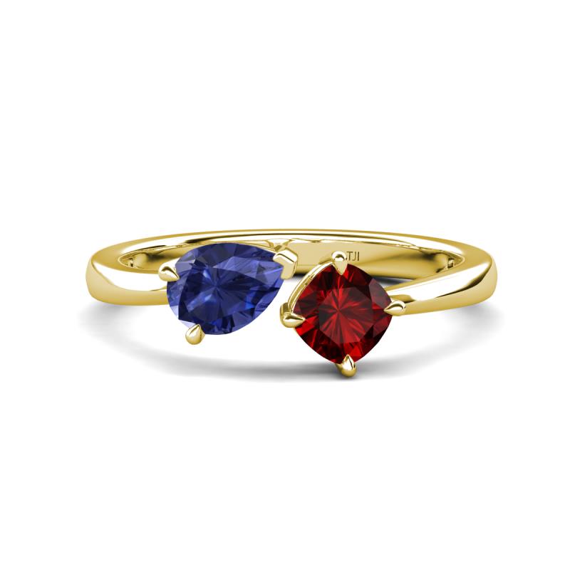 Lysha 1.35 ctw Iolite Pear Shape (7x5 mm) & Red Garnet Cushion Shape (5.00 mm) Toi Et Moi Engagement Ring 