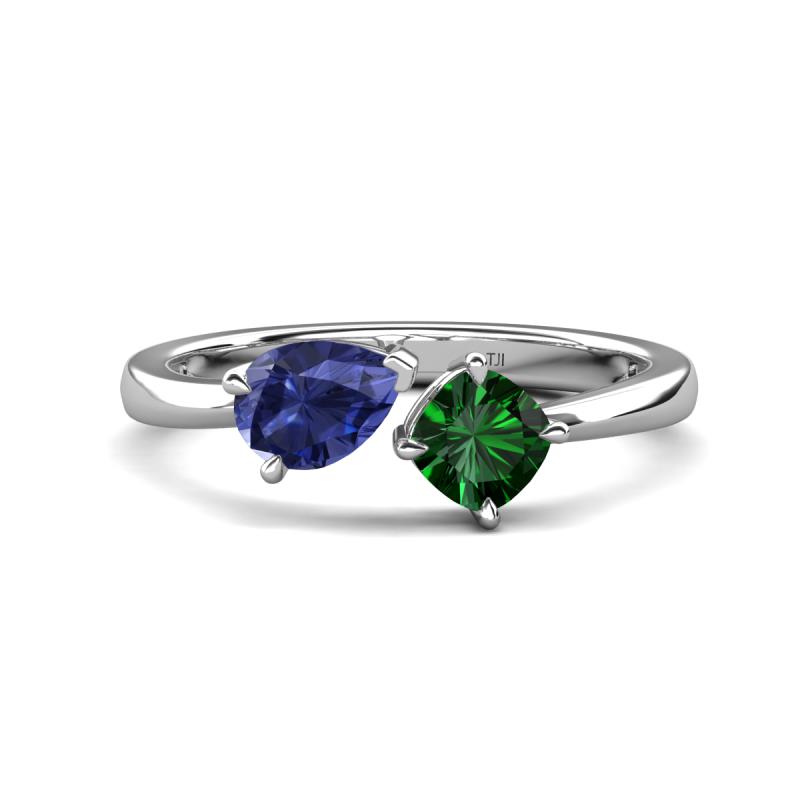 Lysha 1.15 ctw Iolite Pear Shape (7x5 mm) & Lab Created Emerald Cushion Shape (5.00 mm) Toi Et Moi Engagement Ring 
