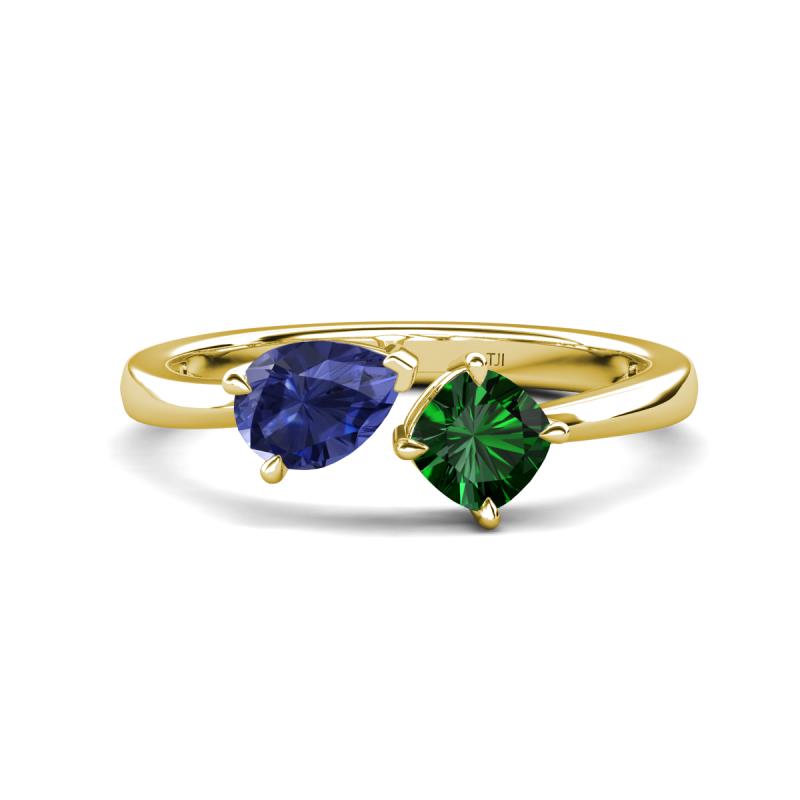 Lysha 1.15 ctw Iolite Pear Shape (7x5 mm) & Lab Created Emerald Cushion Shape (5.00 mm) Toi Et Moi Engagement Ring 