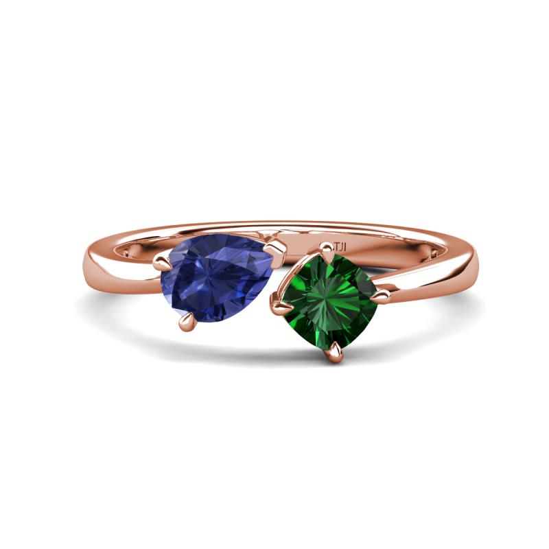 Lysha 1.15 ctw Iolite Pear Shape (7x5 mm) & Lab Created Emerald Cushion Shape (5.00 mm) Toi Et Moi Engagement Ring 