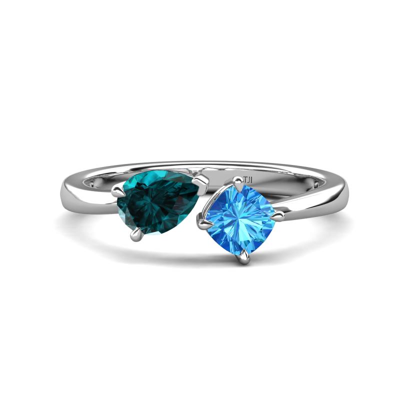 Lysha 1.60 ctw London Blue Topaz Pear Shape (7x5 mm) & Blue Topaz Cushion Shape (5.00 mm) Toi Et Moi Engagement Ring 