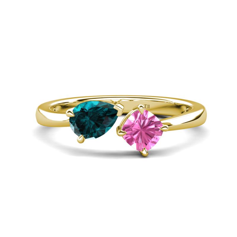 Lysha 1.66 ctw London Blue Topaz Pear Shape (7x5 mm) & Lab Created Pink Sapphire Cushion Shape (5.00 mm) Toi Et Moi Engagement Ring 