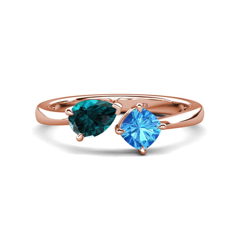 Lysha 1.60 ctw London Blue Topaz Pear Shape (7x5 mm) & Blue Topaz Cushion Shape (5.00 mm) Toi Et Moi Engagement Ring 