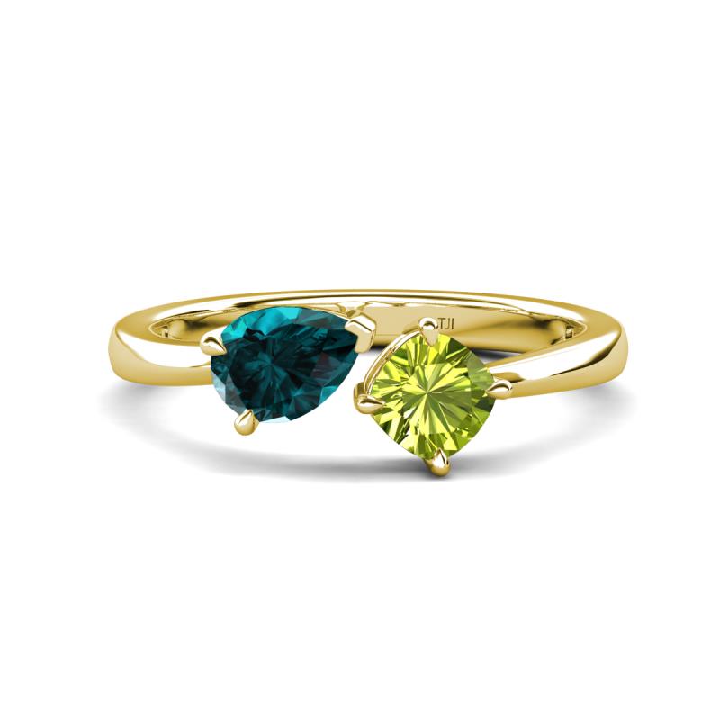 Lysha 1.50 ctw London Blue Topaz Pear Shape (7x5 mm) & Peridot Cushion Shape (5.00 mm) Toi Et Moi Engagement Ring 