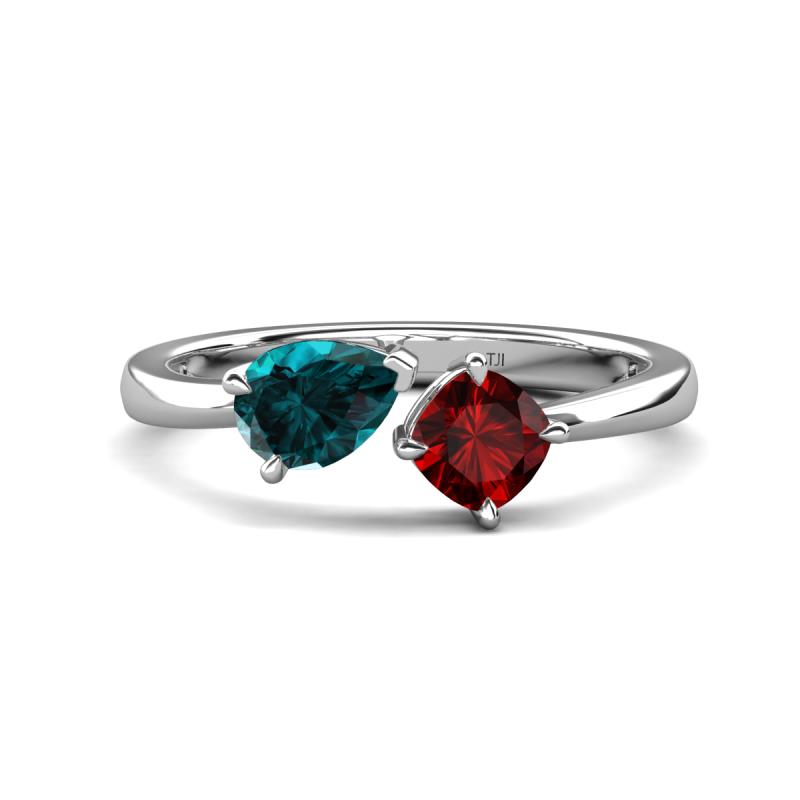 Lysha 1.60 ctw London Blue Topaz Pear Shape (7x5 mm) & Red Garnet Cushion Shape (5.00 mm) Toi Et Moi Engagement Ring 