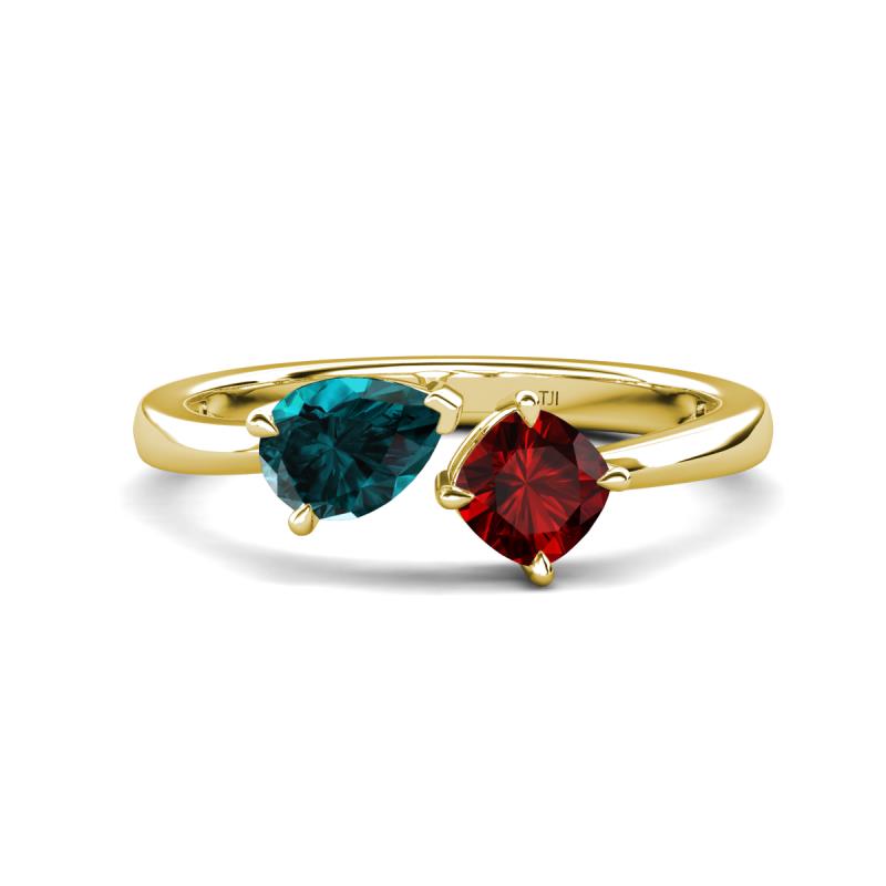 Lysha 1.60 ctw London Blue Topaz Pear Shape (7x5 mm) & Red Garnet Cushion Shape (5.00 mm) Toi Et Moi Engagement Ring 