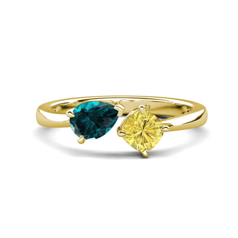 Lysha 1.66 ctw London Blue Topaz Pear Shape (7x5 mm) & Lab Created Yellow Sapphire Cushion Shape (5.00 mm) Toi Et Moi Engagement Ring 