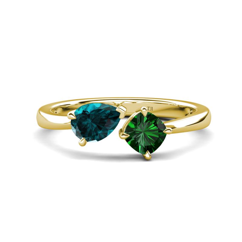 Lysha 1.40 ctw London Blue Topaz Pear Shape (7x5 mm) & Lab Created Emerald Cushion Shape (5.00 mm) Toi Et Moi Engagement Ring 