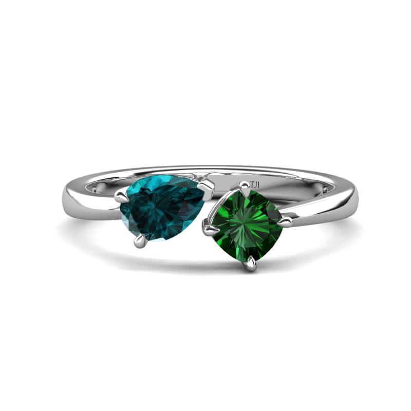 Lysha 1.40 ctw London Blue Topaz Pear Shape (7x5 mm) & Lab Created Emerald Cushion Shape (5.00 mm) Toi Et Moi Engagement Ring 