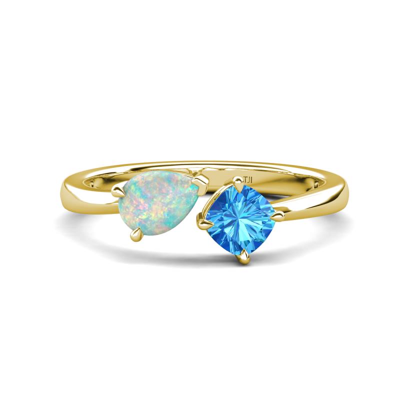 Lysha 1.10 ctw Opal Pear Shape (7x5 mm) & Blue Topaz Cushion Shape (5.00 mm) Toi Et Moi Engagement Ring 