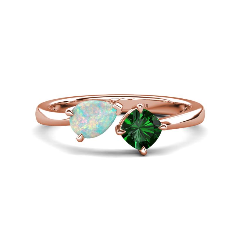 Lysha 0.90 ctw Opal Pear Shape (7x5 mm) & Lab Created Emerald Cushion Shape (5.00 mm) Toi Et Moi Engagement Ring 