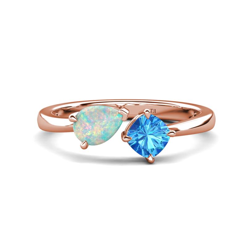 Lysha 1.10 ctw Opal Pear Shape (7x5 mm) & Blue Topaz Cushion Shape (5.00 mm) Toi Et Moi Engagement Ring 