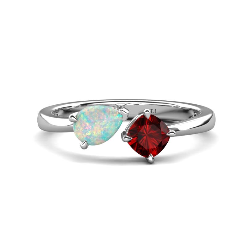 Lysha 1.10 ctw Opal Pear Shape (7x5 mm) & Red Garnet Cushion Shape (5.00 mm) Toi Et Moi Engagement Ring 