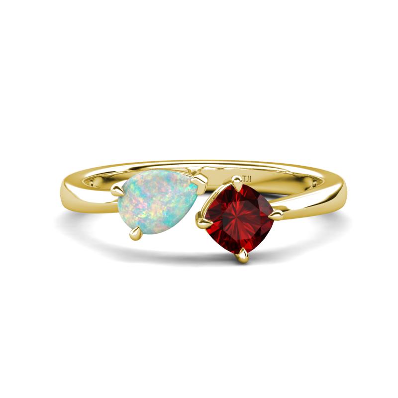 Lysha 1.10 ctw Opal Pear Shape (7x5 mm) & Red Garnet Cushion Shape (5.00 mm) Toi Et Moi Engagement Ring 