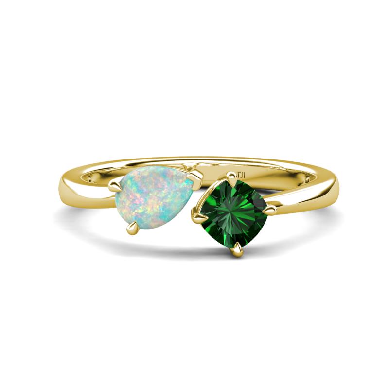 Lysha 0.90 ctw Opal Pear Shape (7x5 mm) & Lab Created Emerald Cushion Shape (5.00 mm) Toi Et Moi Engagement Ring 