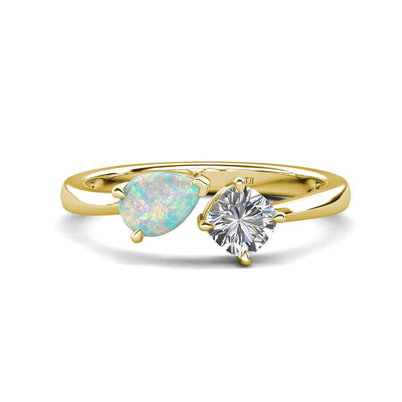 Lysha 0.85 ctw Opal Pear Shape (7x5 mm) & Natural Diamond Cushion Shape (5.00 mm) Toi Et Moi Engagement Ring 