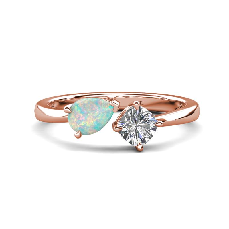 Lysha 0.85 ctw Opal Pear Shape (7x5 mm) & Natural Diamond Cushion Shape (5.00 mm) Toi Et Moi Engagement Ring 