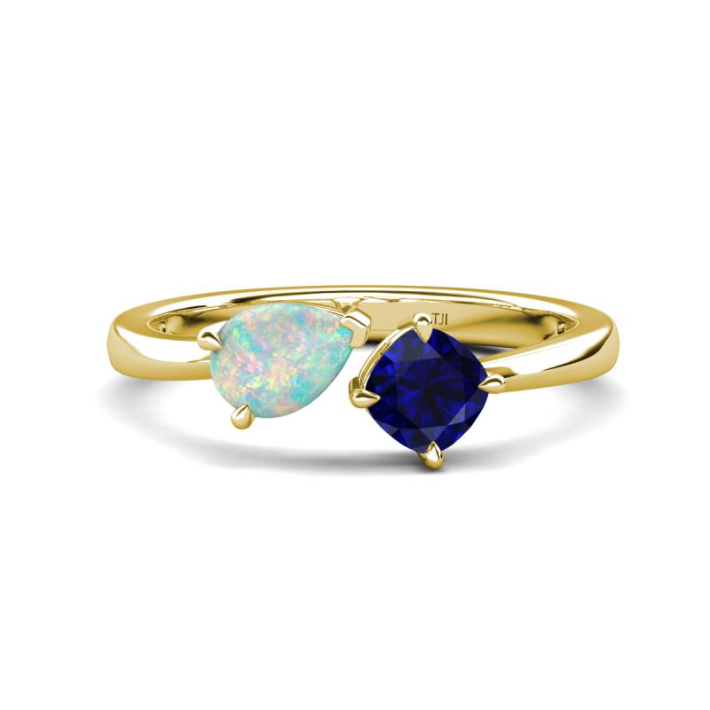 Lysha 1.16 ctw Opal Pear Shape (7x5 mm) & Lab Created Blue Sapphire Cushion Shape (5.00 mm) Toi Et Moi Engagement Ring 