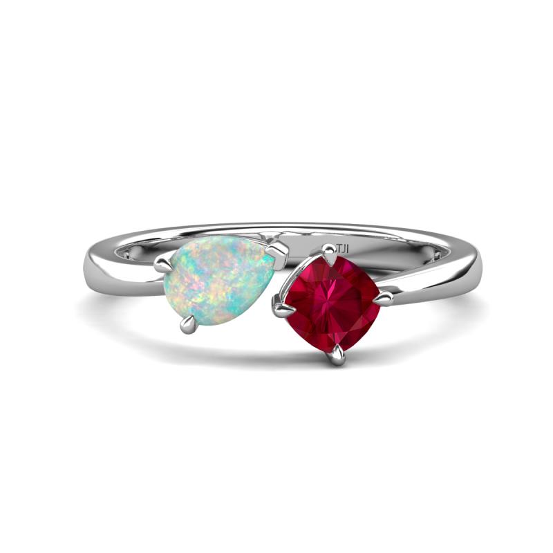 Lysha 1.16 ctw Opal Pear Shape (7x5 mm) & Lab Created Ruby Cushion Shape (5.00 mm) Toi Et Moi Engagement Ring 