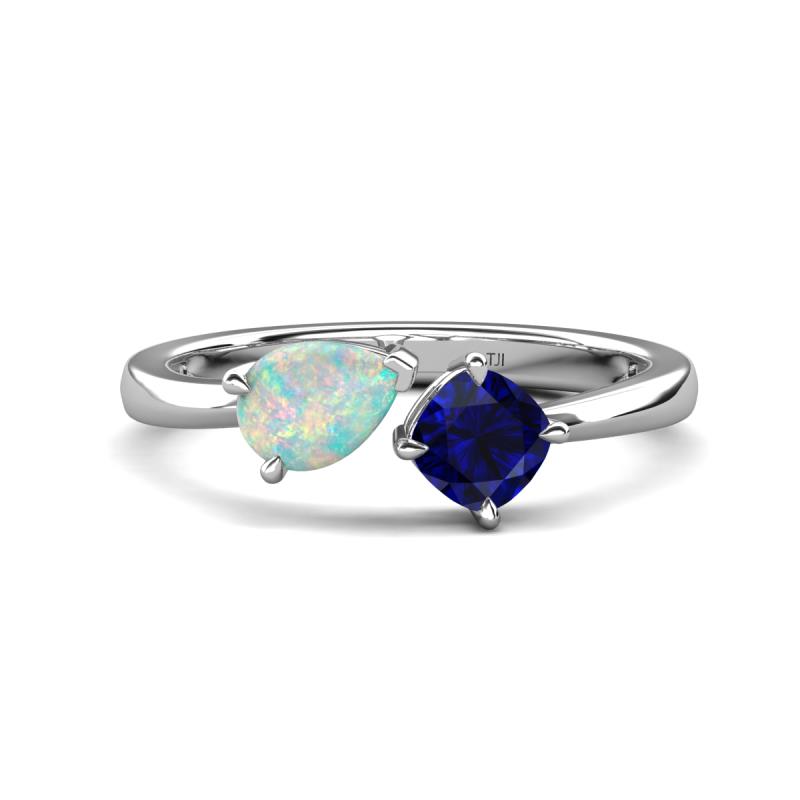 Lysha 1.16 ctw Opal Pear Shape (7x5 mm) & Lab Created Blue Sapphire Cushion Shape (5.00 mm) Toi Et Moi Engagement Ring 