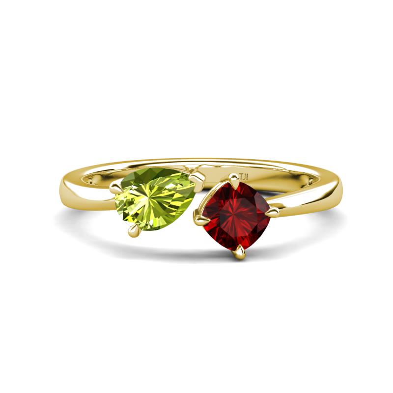 Lysha 1.55 ctw Peridot Pear Shape (7x5 mm) & Red Garnet Cushion Shape (5.00 mm) Toi Et Moi Engagement Ring 