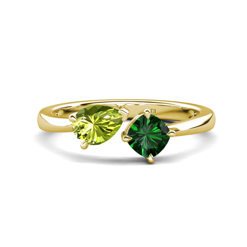 Lysha 1.35 ctw Peridot Pear Shape (7x5 mm) & Lab Created Emerald Cushion Shape (5.00 mm) Toi Et Moi Engagement Ring 