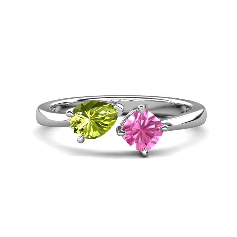 Lysha 1.61 ctw Peridot Pear Shape (7x5 mm) & Lab Created Pink Sapphire Cushion Shape (5.00 mm) Toi Et Moi Engagement Ring 