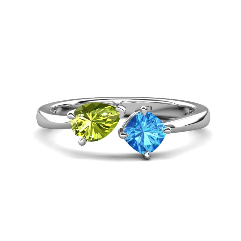 Lysha 1.55 ctw Peridot Pear Shape (7x5 mm) & Blue Topaz Cushion Shape (5.00 mm) Toi Et Moi Engagement Ring 