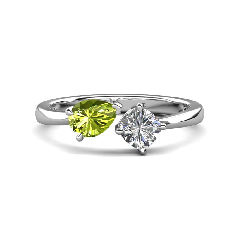 Lysha 1.37 ctw Peridot Pear Shape (7x5 mm) & Moissanite Cushion Shape (5.00 mm) Toi Et Moi Engagement Ring 