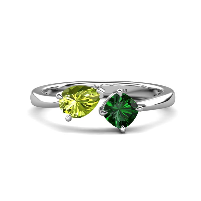 Lysha 1.35 ctw Peridot Pear Shape (7x5 mm) & Lab Created Emerald Cushion Shape (5.00 mm) Toi Et Moi Engagement Ring 