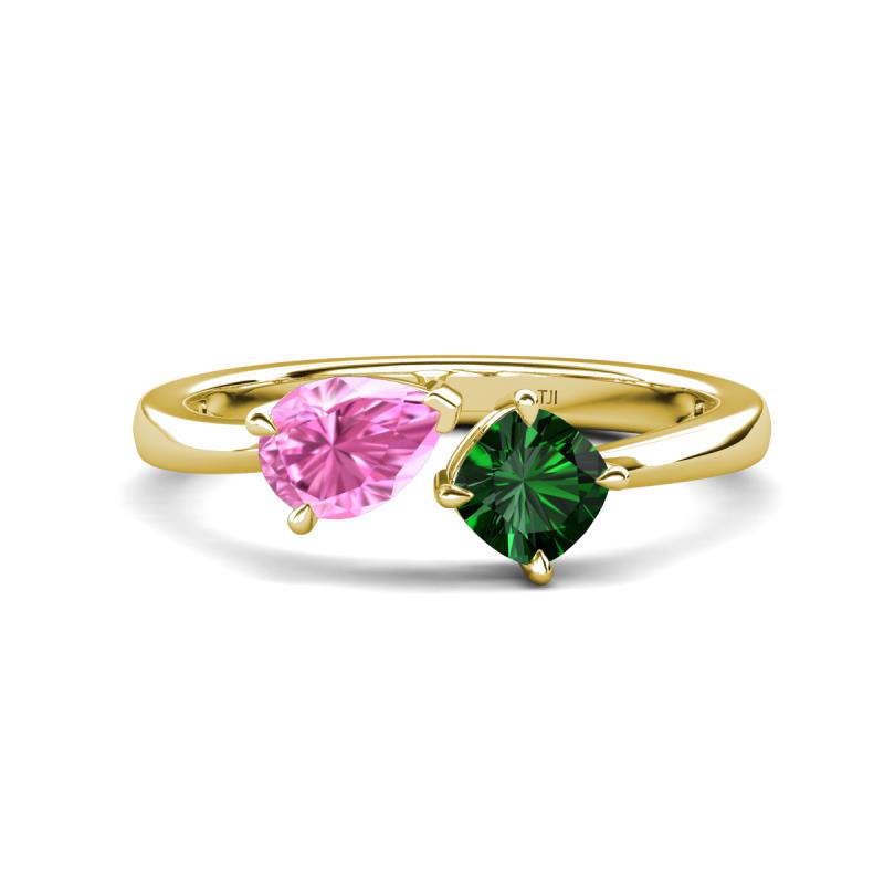 Lysha 1.45 ctw Pink Sapphire Pear Shape (7x5 mm) & Lab Created Emerald Cushion Shape (5.00 mm) Toi Et Moi Engagement Ring 
