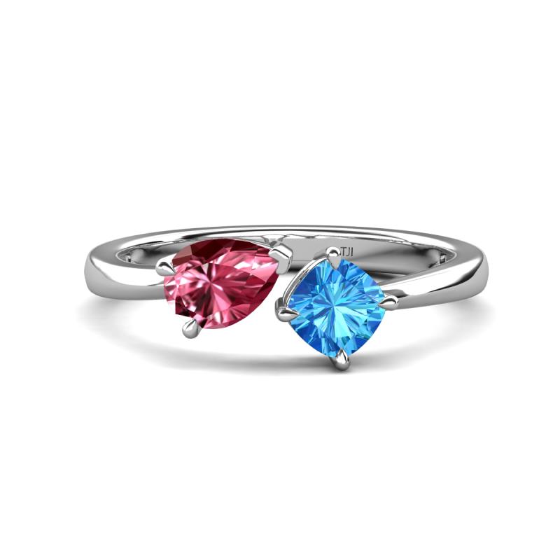 14k White Gold Pear Blue Topaz And Pink Tourmaline Ring