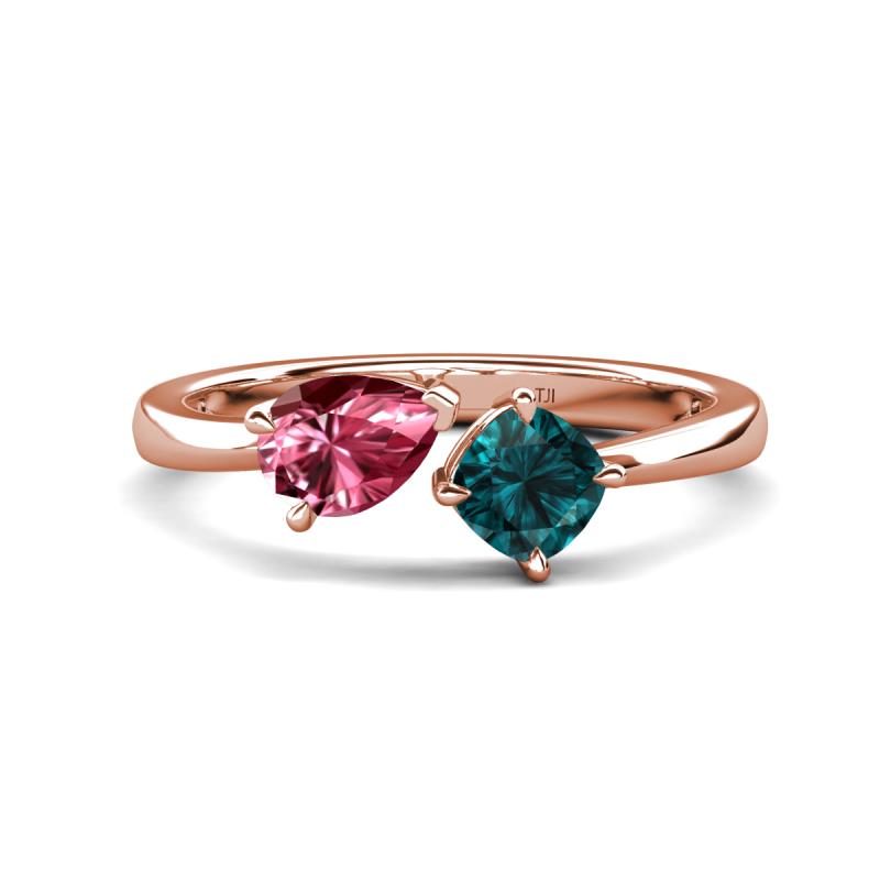 Lysha 1.45 ctw Pink Tourmaline Pear Shape (7x5 mm) & London Blue Topaz Cushion Shape (5.00 mm) Toi Et Moi Engagement Ring 