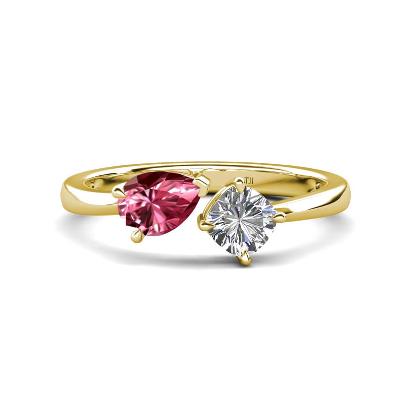 Lysha 1.20 ctw Pink Tourmaline Pear Shape (7x5 mm) & Lab Grown Diamond Cushion Shape (5.00 mm) Toi Et Moi Engagement Ring 