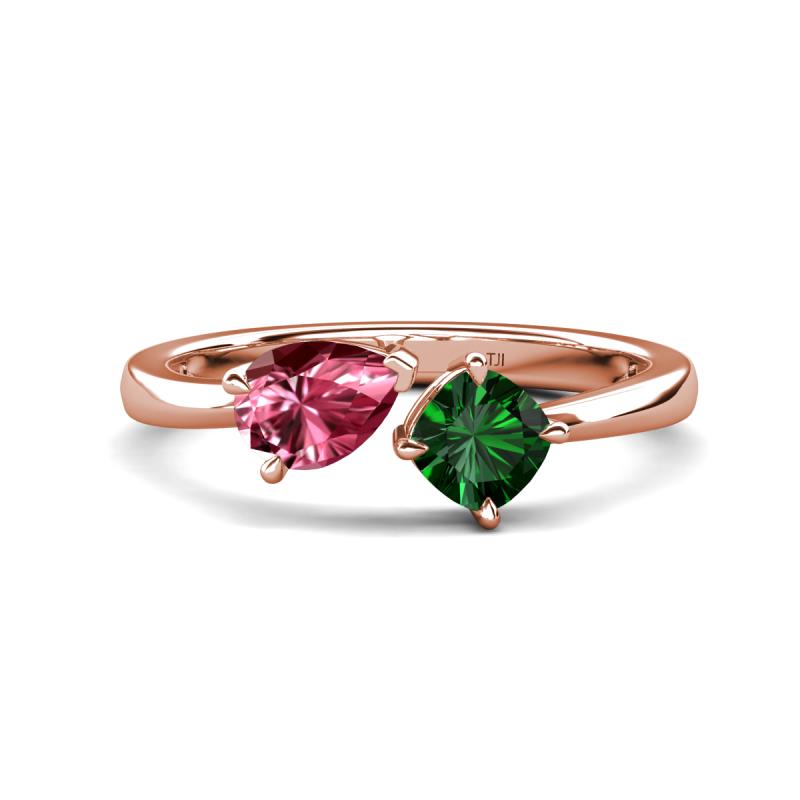 Lysha 1.25 ctw Pink Tourmaline Pear Shape (7x5 mm) & Lab Created Emerald Cushion Shape (5.00 mm) Toi Et Moi Engagement Ring 