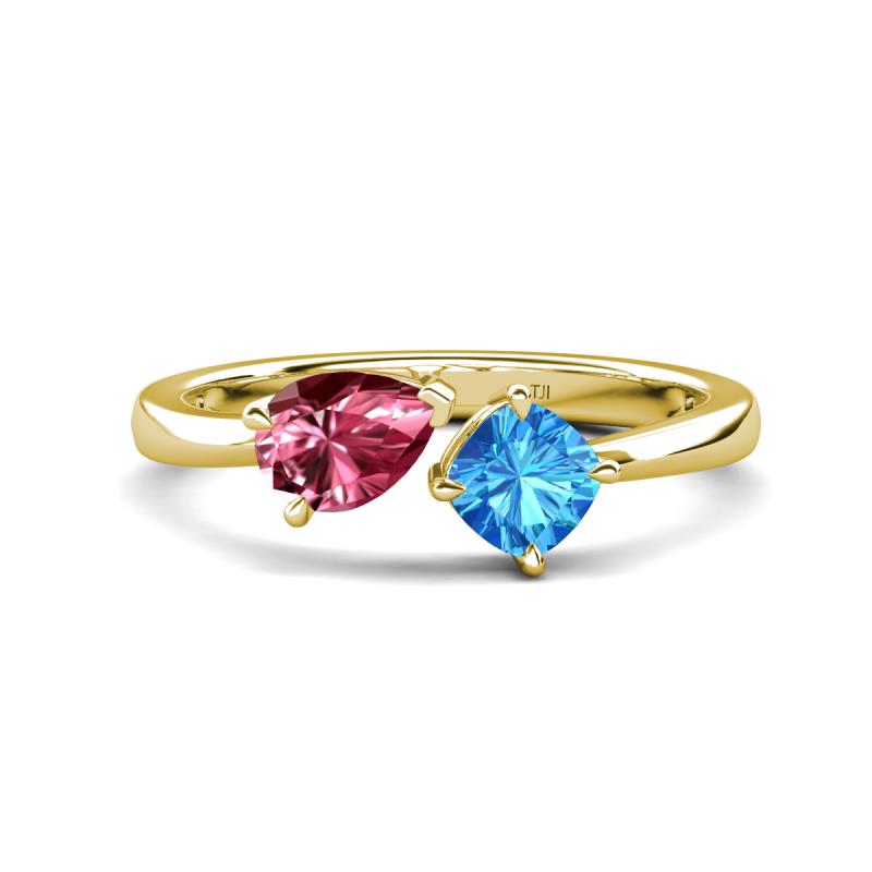 Lysha 1.45 ctw Pink Tourmaline Pear Shape (7x5 mm) & Blue Topaz Cushion Shape (5.00 mm) Toi Et Moi Engagement Ring 