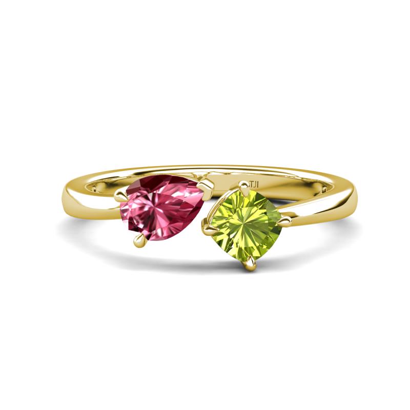 Lysha 1.35 ctw Pink Tourmaline Pear Shape (7x5 mm) & Peridot Cushion Shape (5.00 mm) Toi Et Moi Engagement Ring 