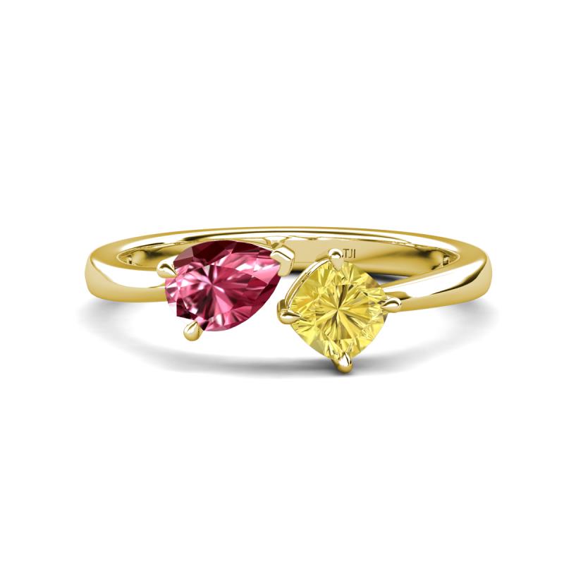 Lysha 1.51 ctw Pink Tourmaline Pear Shape (7x5 mm) & Lab Created Yellow Sapphire Cushion Shape (5.00 mm) Toi Et Moi Engagement Ring 