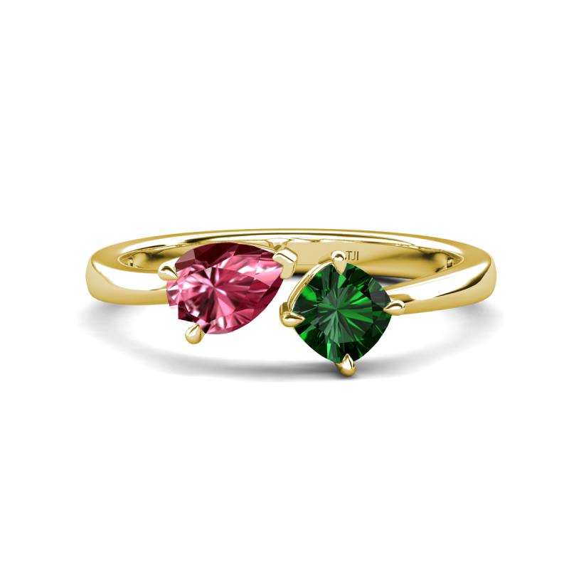 Lysha 1.25 ctw Pink Tourmaline Pear Shape (7x5 mm) & Lab Created Emerald Cushion Shape (5.00 mm) Toi Et Moi Engagement Ring 