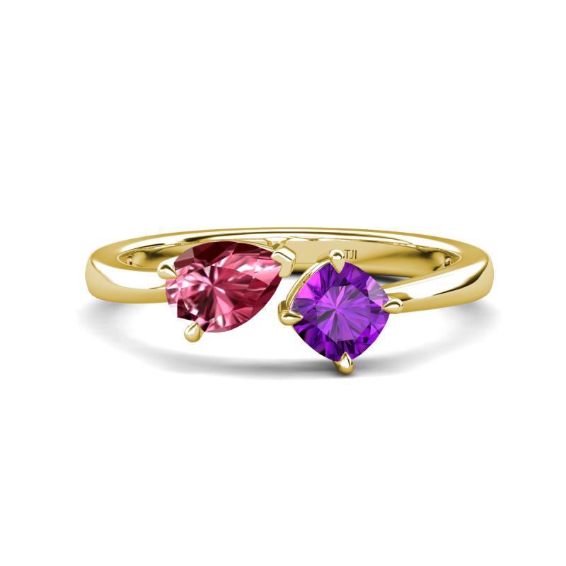 Lysha 1.20 ctw Pink Tourmaline Pear Shape (7x5 mm) & Amethyst Cushion Shape (5.00 mm) Toi Et Moi Engagement Ring 