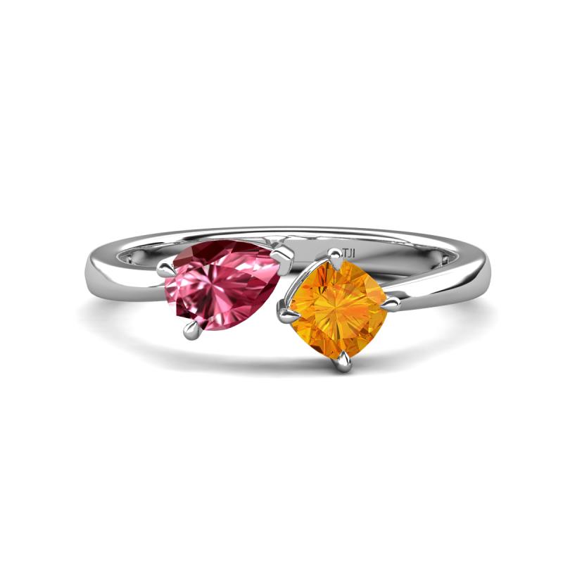 Lysha 1.20 ctw Pink Tourmaline Pear Shape (7x5 mm) & Citrine Cushion Shape (5.00 mm) Toi Et Moi Engagement Ring 