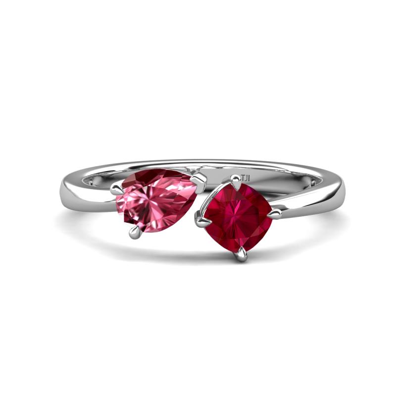 Lysha 1.51 ctw Pink Tourmaline Pear Shape (7x5 mm) & Lab Created Ruby Cushion Shape (5.00 mm) Toi Et Moi Engagement Ring 