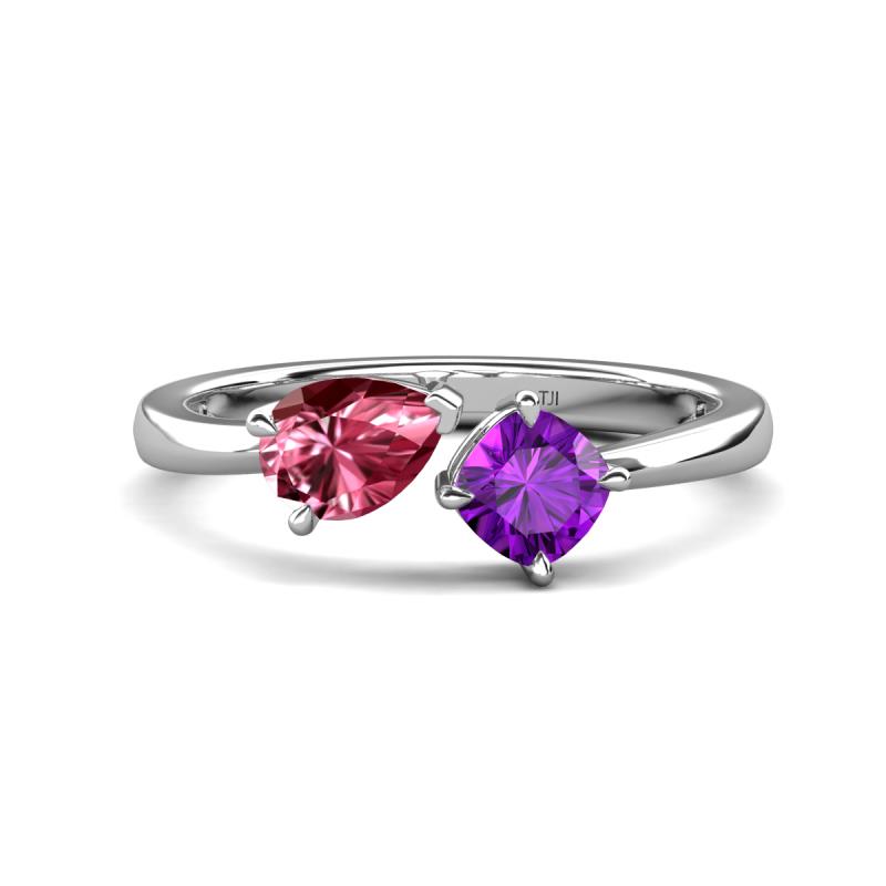 Lysha 1.20 ctw Pink Tourmaline Pear Shape (7x5 mm) & Amethyst Cushion Shape (5.00 mm) Toi Et Moi Engagement Ring 